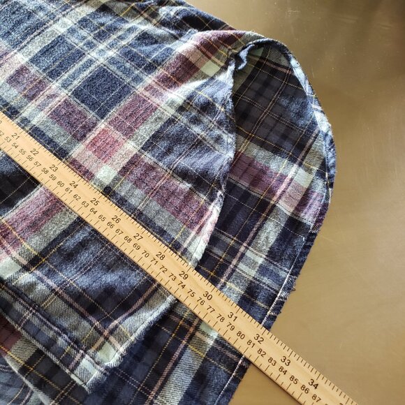 Aerie Plaid Flannel Button Up Shirt Womens L Blue Mauve White Oversize Long Tail - Picture 9 of 9